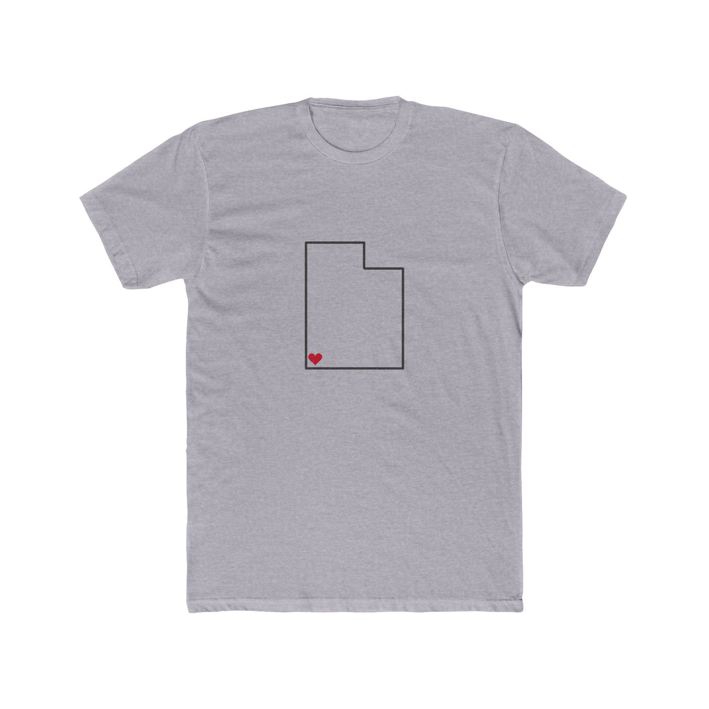 Utah St. George Mission Heart Map shirt in Heather Grey: Utah outline with a red heart, front view