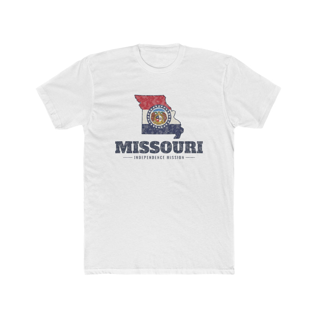 Missouri Independence Mission Flag Map shirt in White: Missouri state flag in the outline of Missouri with navy lettering, front view