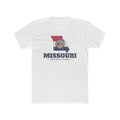 Missouri Independence Mission Flag Map shirt in White: Missouri state flag in the outline of Missouri with navy lettering, front view