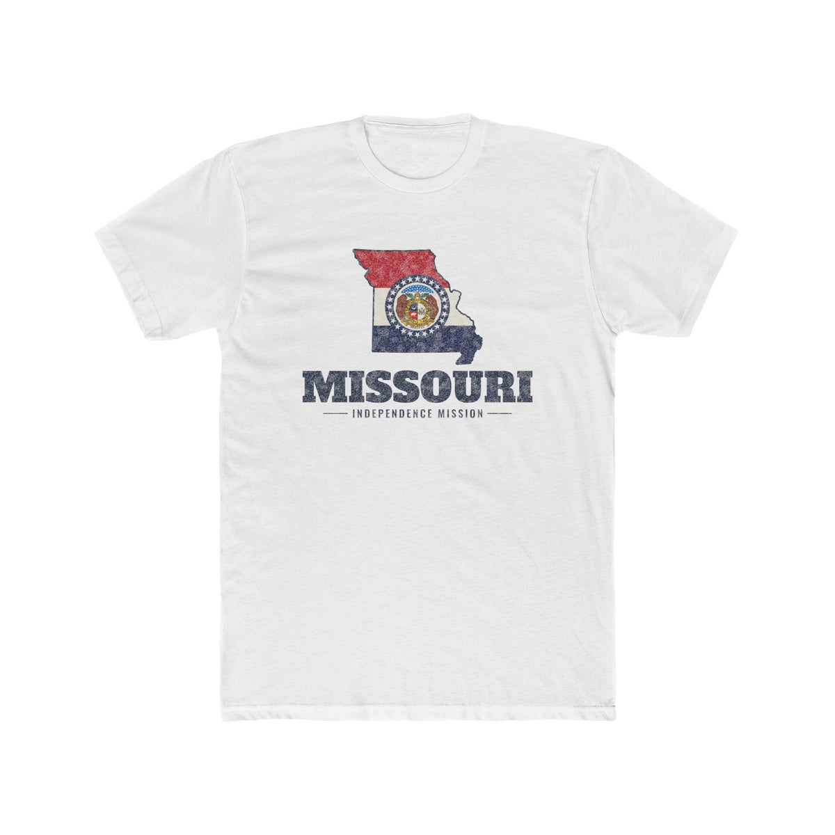 Missouri Independence Mission Flag Map shirt in White: Missouri state flag in the outline of Missouri with navy lettering, front view