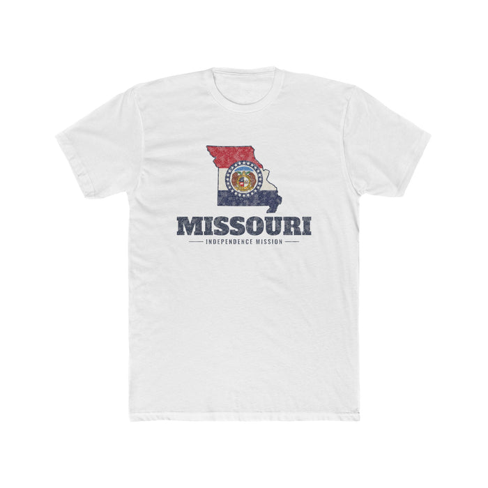 Missouri Independence Mission Flag Map shirt in White: Missouri state flag in the outline of Missouri with navy lettering, front view