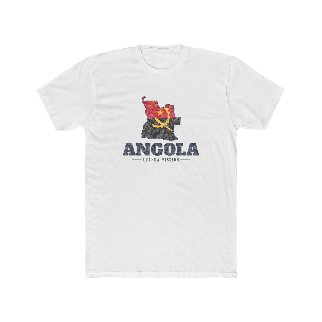 Angola Luanda Mission Flag Map shirt in White: flag of Angola in the outline of Angola with navy lettering, front view