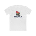 Angola Luanda Mission Flag Map shirt in White: flag of Angola in the outline of Angola with navy lettering, front view