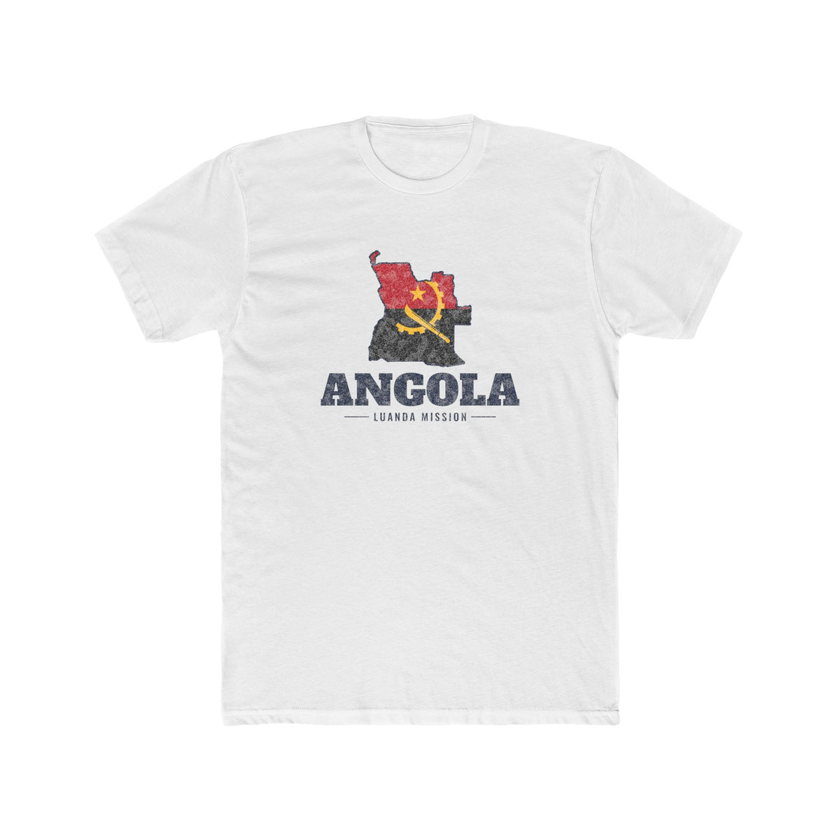 Angola Luanda Mission Flag Map shirt in White: flag of Angola in the outline of Angola with navy lettering, front view