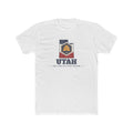 Utah Salt Lake City West Mission Flag Map shirt in White: Utah state flag in the outline of Utah with navy lettering, front view