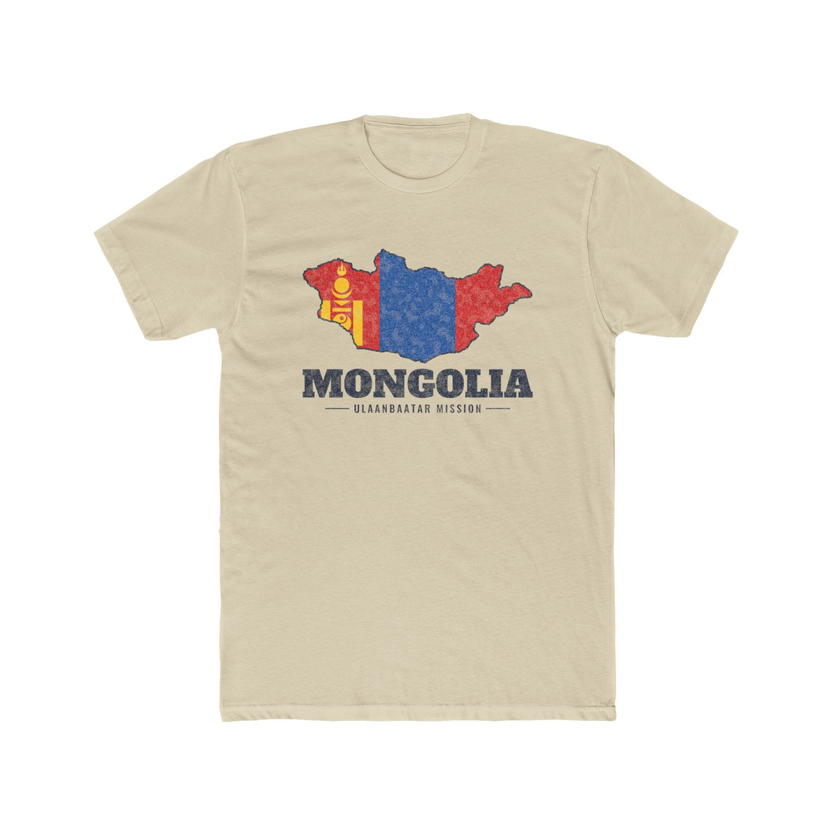 Mongolia Ulaanbaatar Mission Flag Map shirt in Cream: flag of Mongolia in the outline of Mongolia with navy lettering, front view