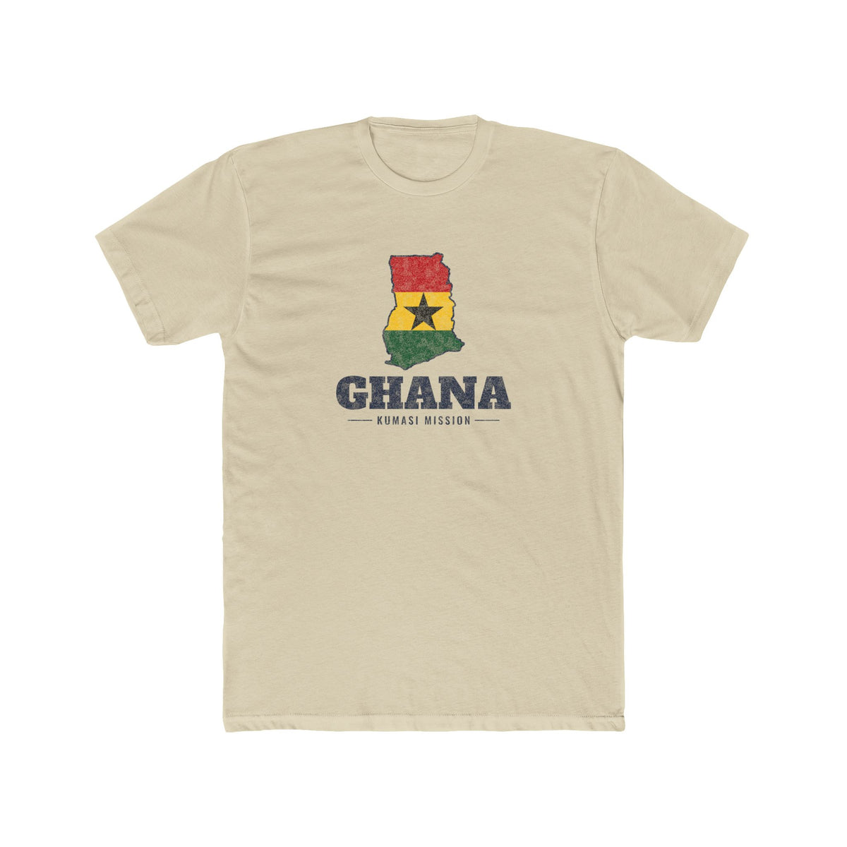 Ghana Kumasi Mission Flag Map shirt in Cream: flag of Ghana in the outline of Ghana with navy lettering, front view