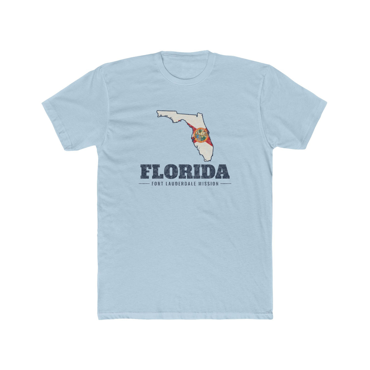 Florida Fort Lauderdale Mission Flag Map shirt in Desert Pink: Florida state flag in the outline of Florida with navy lettering, front view