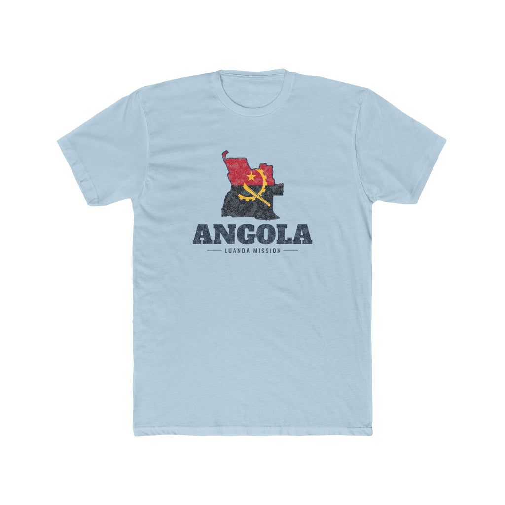 Angola Luanda Mission Flag Map shirt in Desert Pink: flag of Angola in the outline of Angola with navy lettering, front view