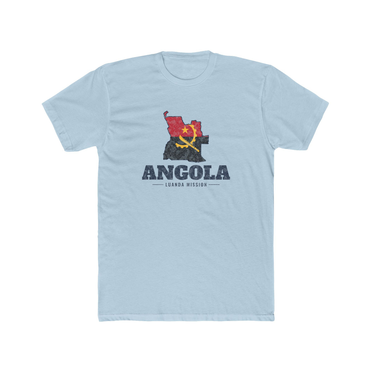 Angola Luanda Mission Flag Map shirt in Desert Pink: flag of Angola in the outline of Angola with navy lettering, front view