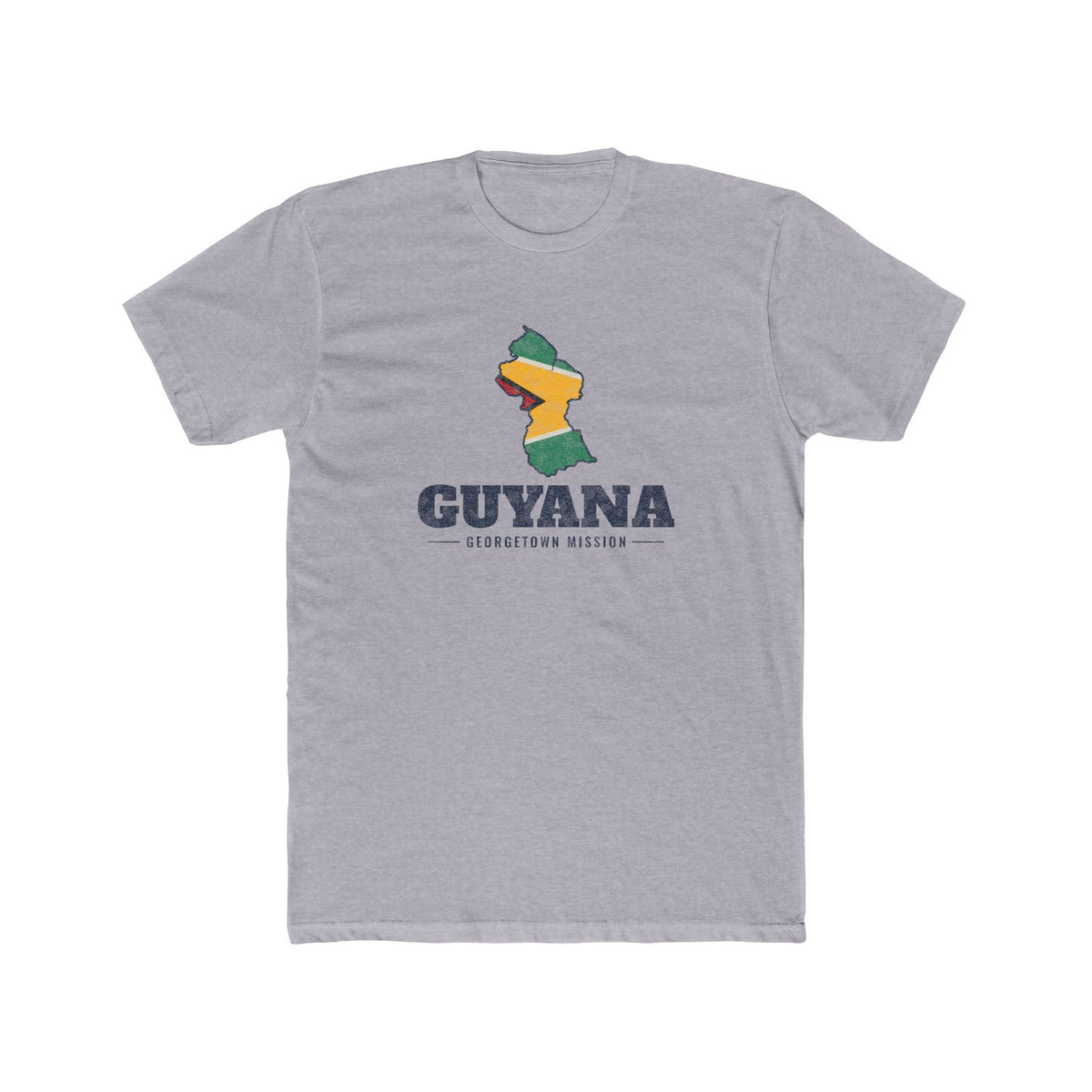 Guyana Georgetown Mission Flag Map shirt in Heather Grey: flag of Guyana in the outline of Guyana with navy lettering, front view