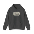 Texas Dallas East Mission Hoodie in Dark Heather, front view with the varsity mission design