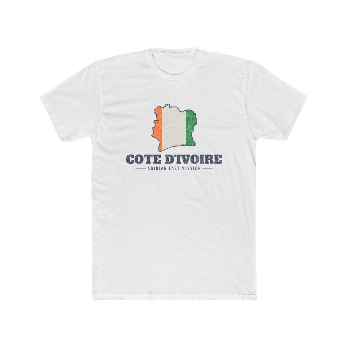 Cote d'Ivoire Abidjan East Mission Flag Map shirt in White: flag of Cote d'Ivoire in the outline of Cote d'Ivoire with navy lettering, front view