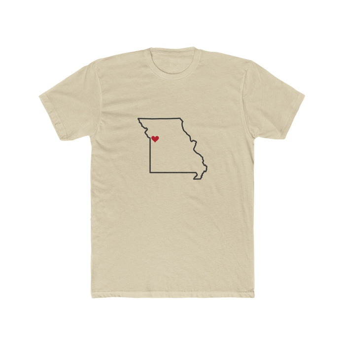 Missouri Kansas City Mission Heart Map shirt in Cream: Missouri outline with a red heart, front view