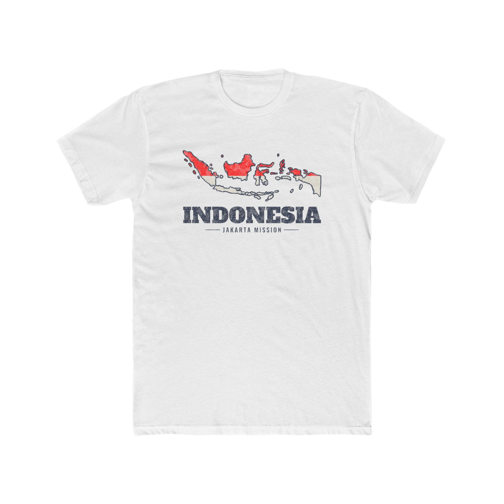 Indonesia Jakarta Mission Flag Map shirt in White: flag of Indonesia in the outline of Indonesia with navy lettering, front view
