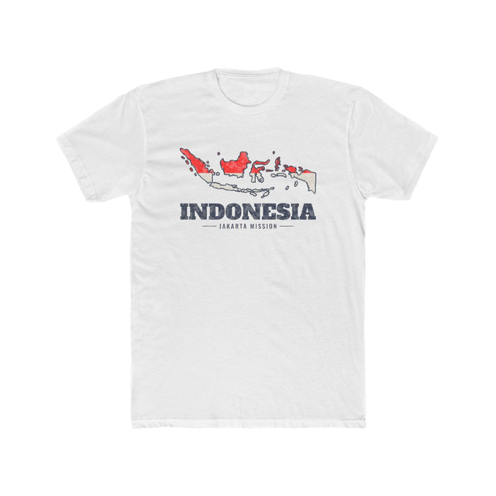 Indonesia Jakarta Mission Flag Map shirt in White: flag of Indonesia in the outline of Indonesia with navy lettering, front view