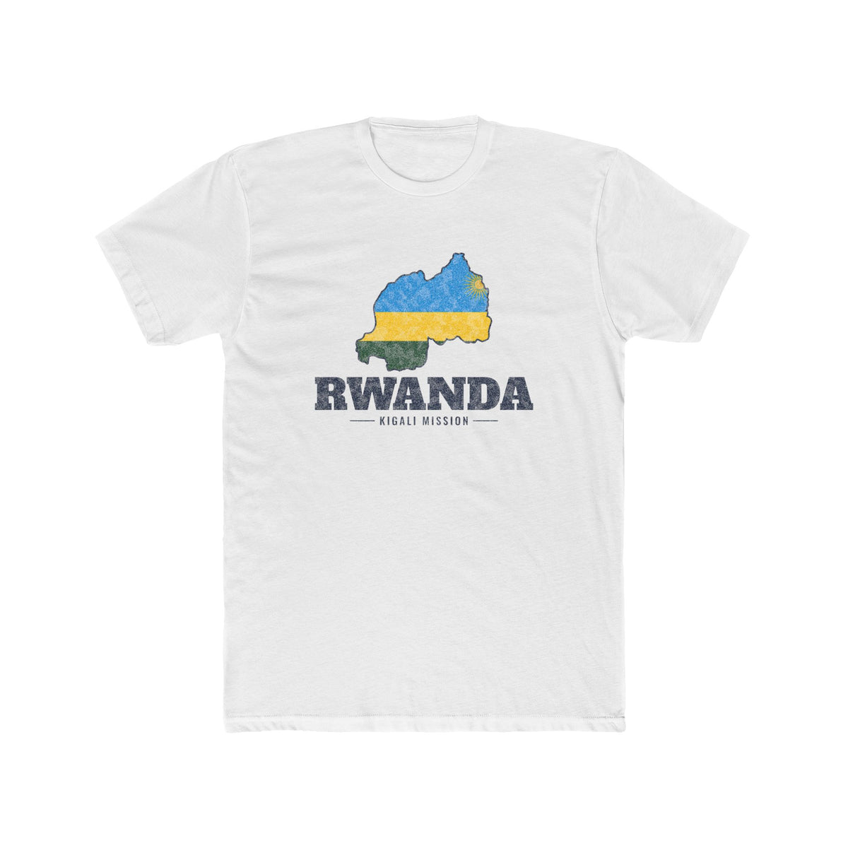 Rwanda Kigali Mission Flag Map shirt in White: flag of Rwanda in the outline of Rwanda with navy lettering, front view