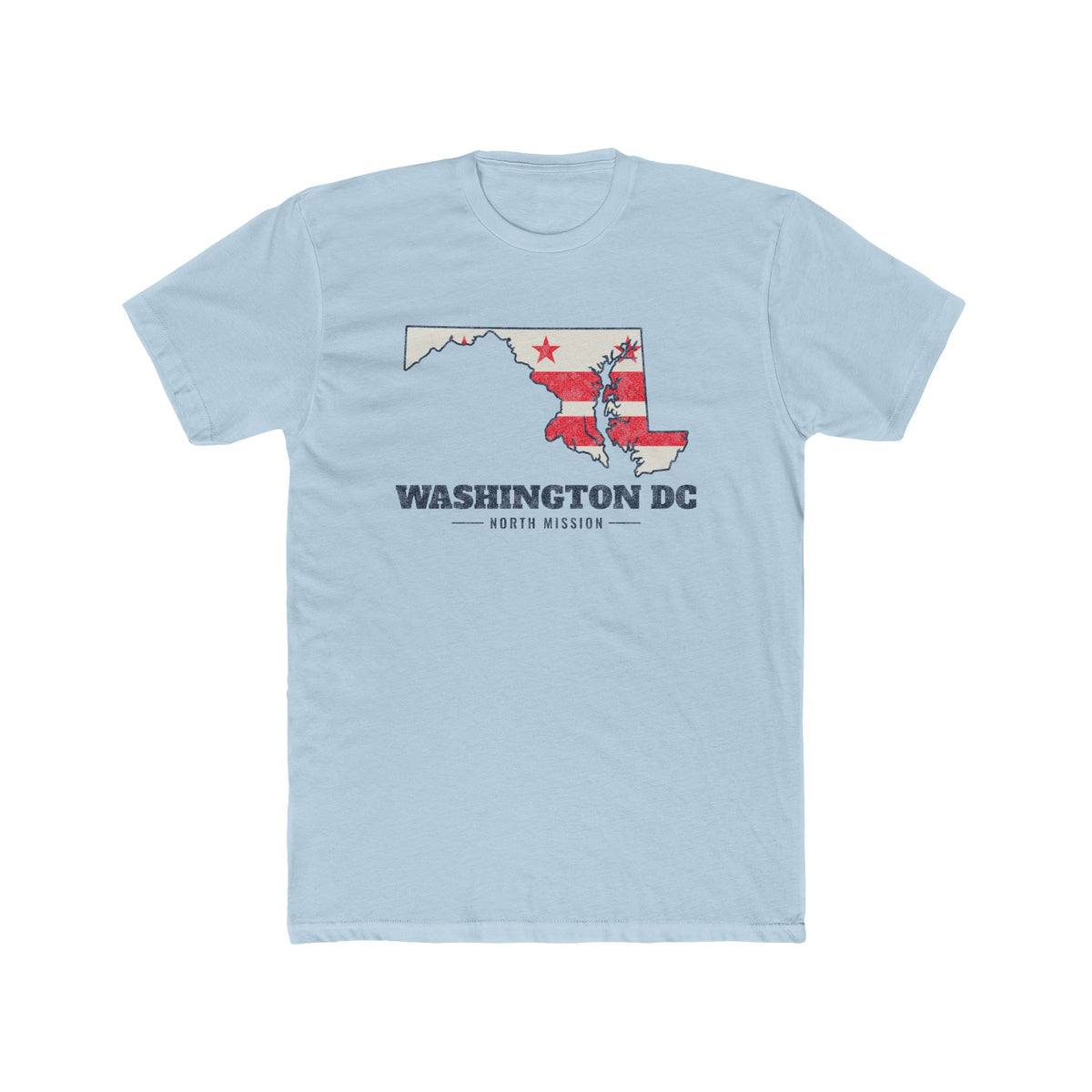 Washington DC North Mission Flag Map shirt in Desert Pink: flag of Washington, D.C. on a map of the capital region with navy lettering, front view