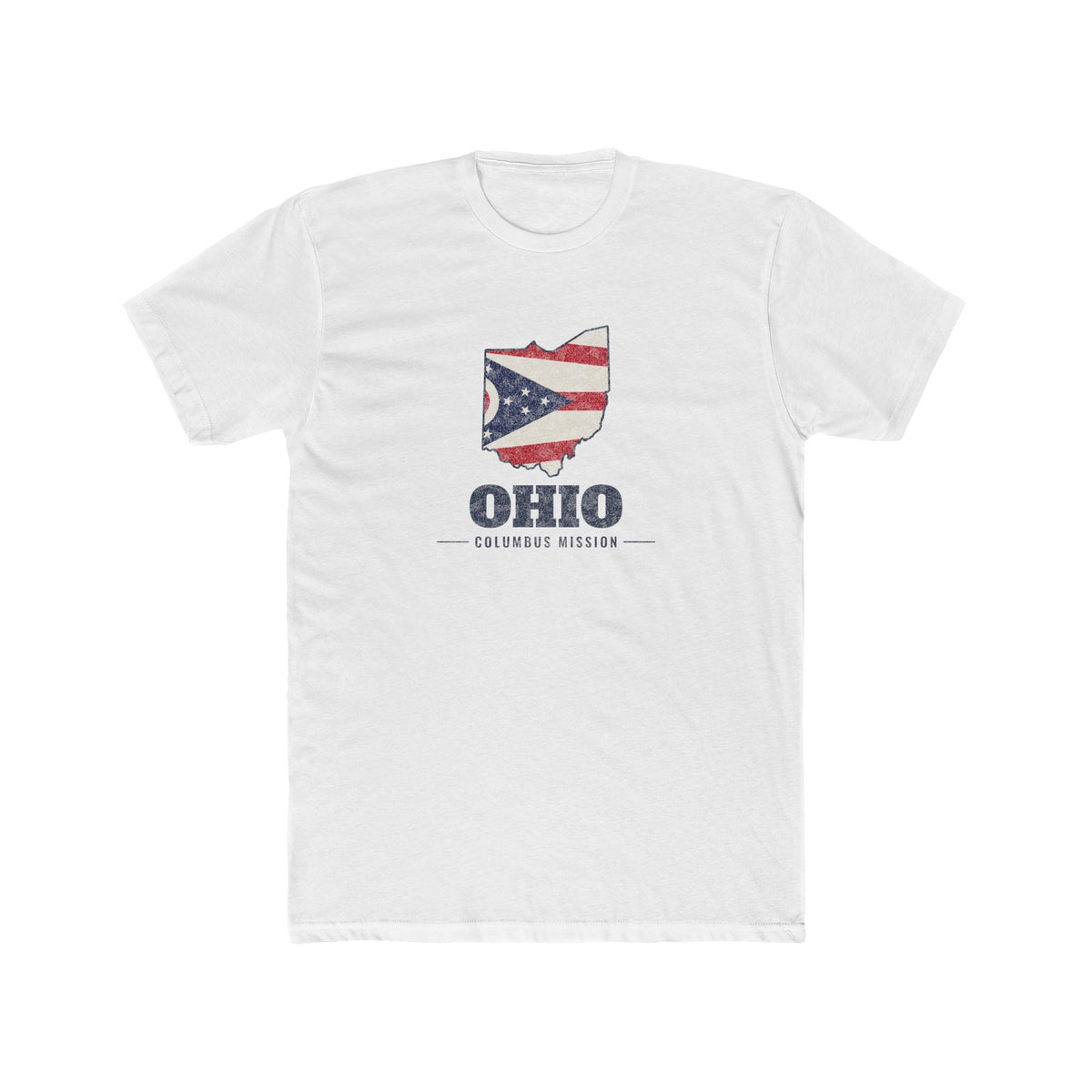 Ohio Columbus Mission Flag Map shirt in White: Ohio state flag in the outline of Ohio with navy lettering, front view