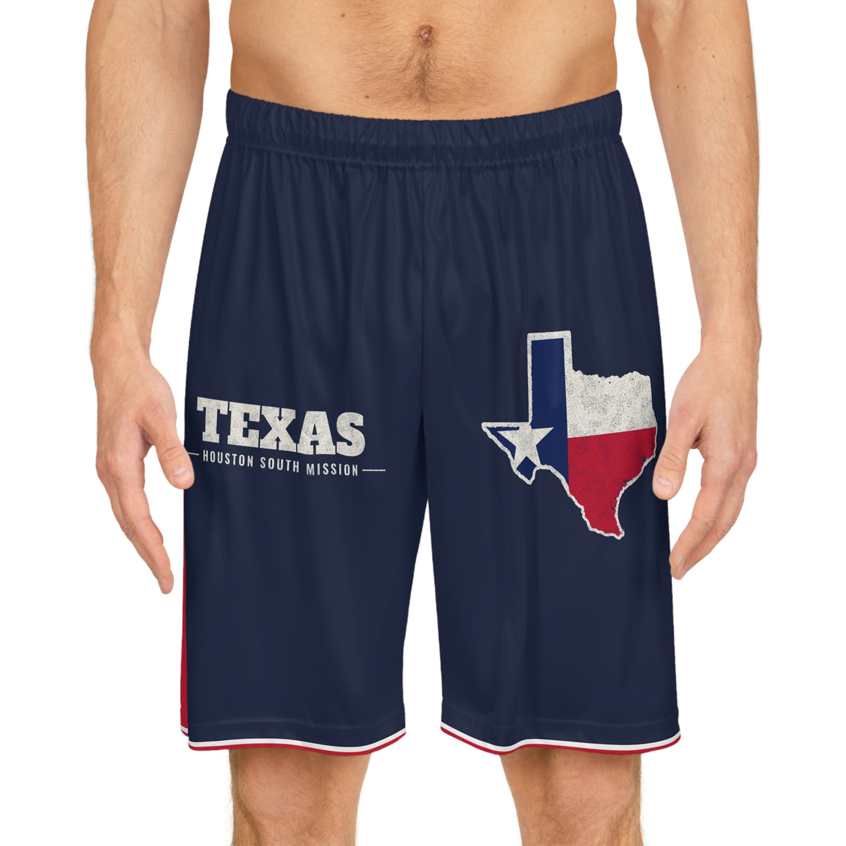 Texas Houston South Mission Basketball Shorts, worn, front view