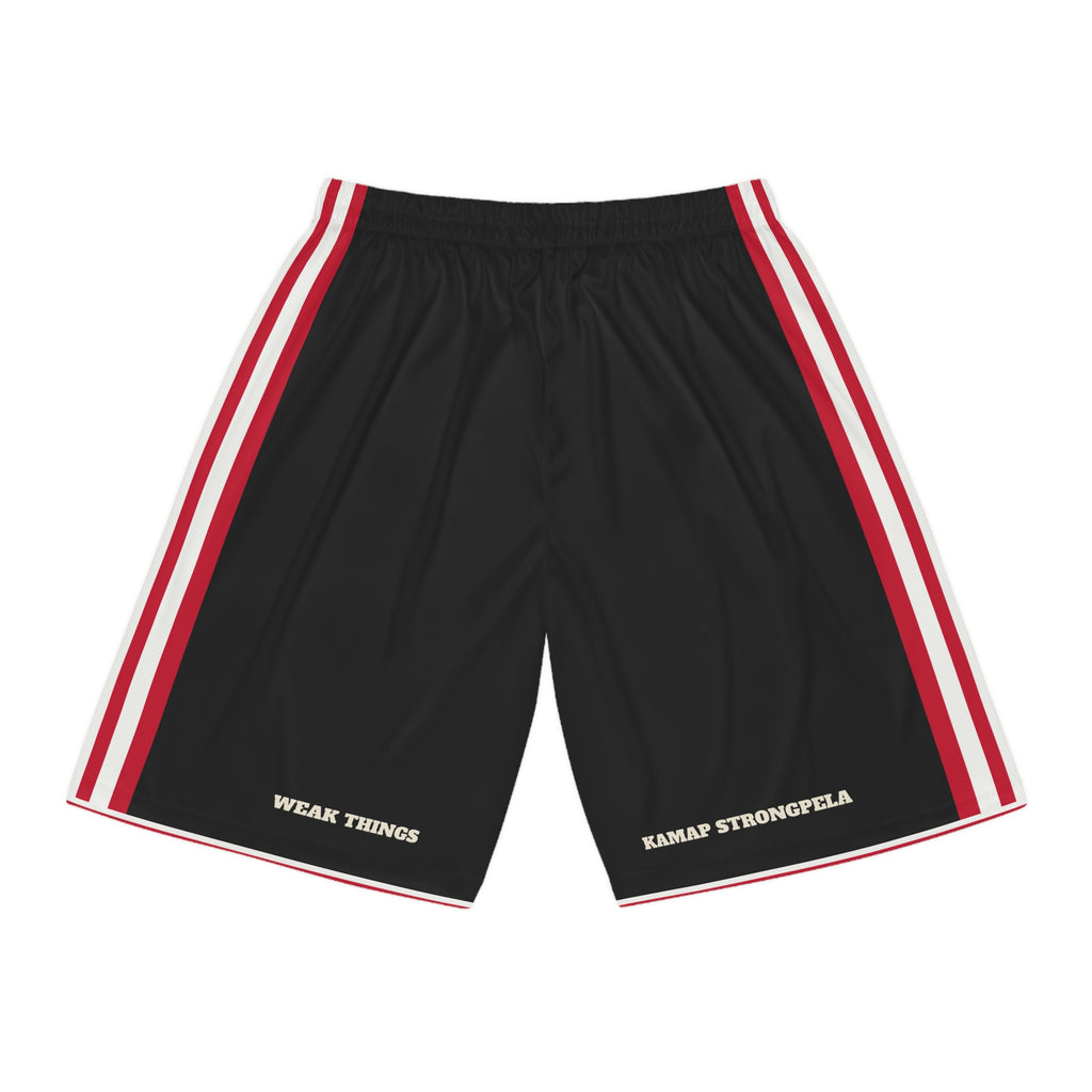 Papua New Guinea Daru Mission Basketball Shorts, back view with WEAK THINGS and KAMAP STRONGPELA on the legs