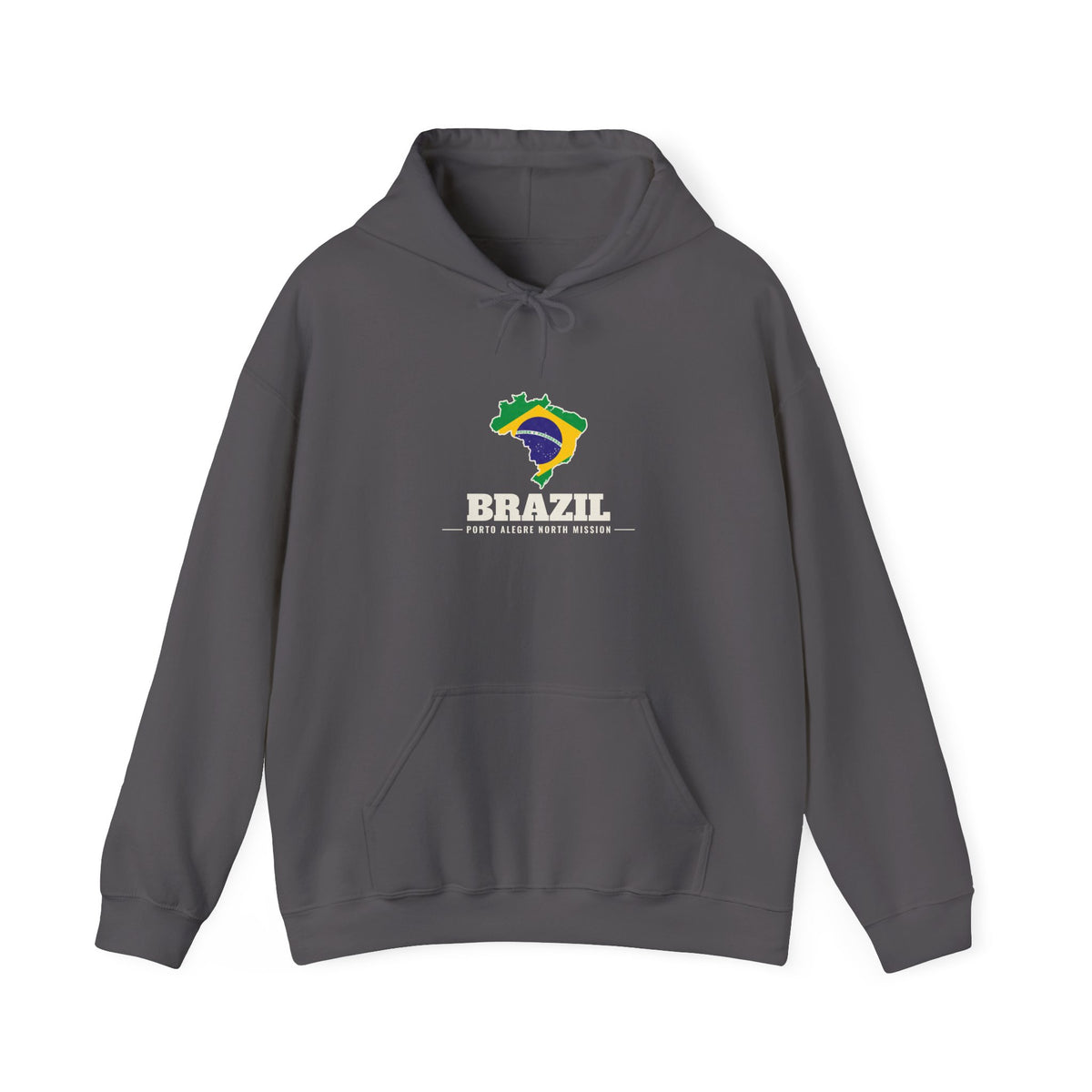 Brazil Porto Alegre North Mission Flag Map Hoodie in Charcoal, front view with the Brazil flag map and mission name