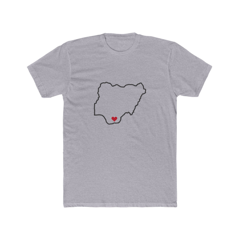 Nigeria Aba Mission Heart Map shirt in Heather Grey: Nigeria outline with a red heart, front view