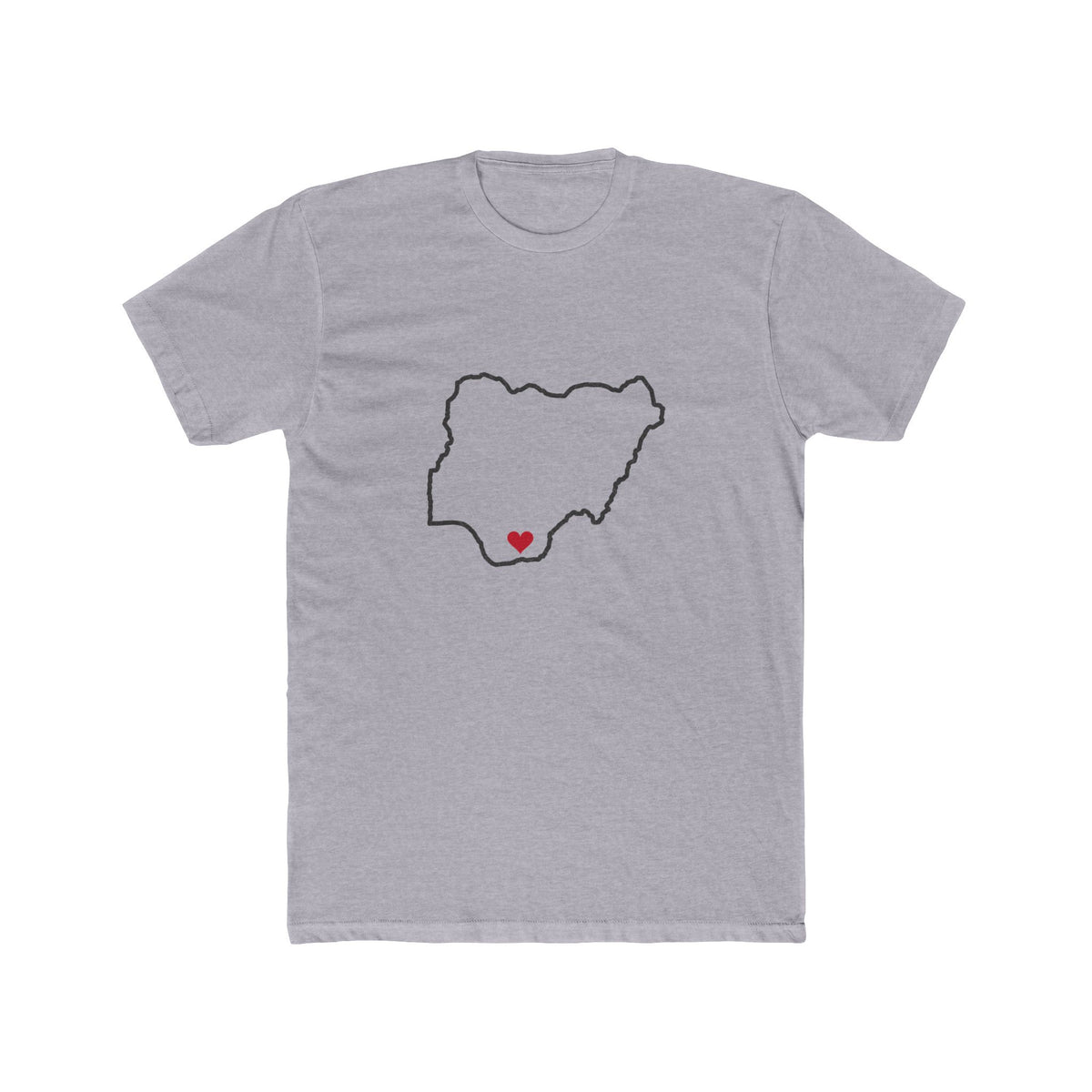 Nigeria Aba Mission Heart Map shirt in Heather Grey: Nigeria outline with a red heart, front view