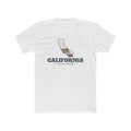 California San Jose Mission Flag Map shirt in White: California state flag in the outline of California with navy lettering, front view