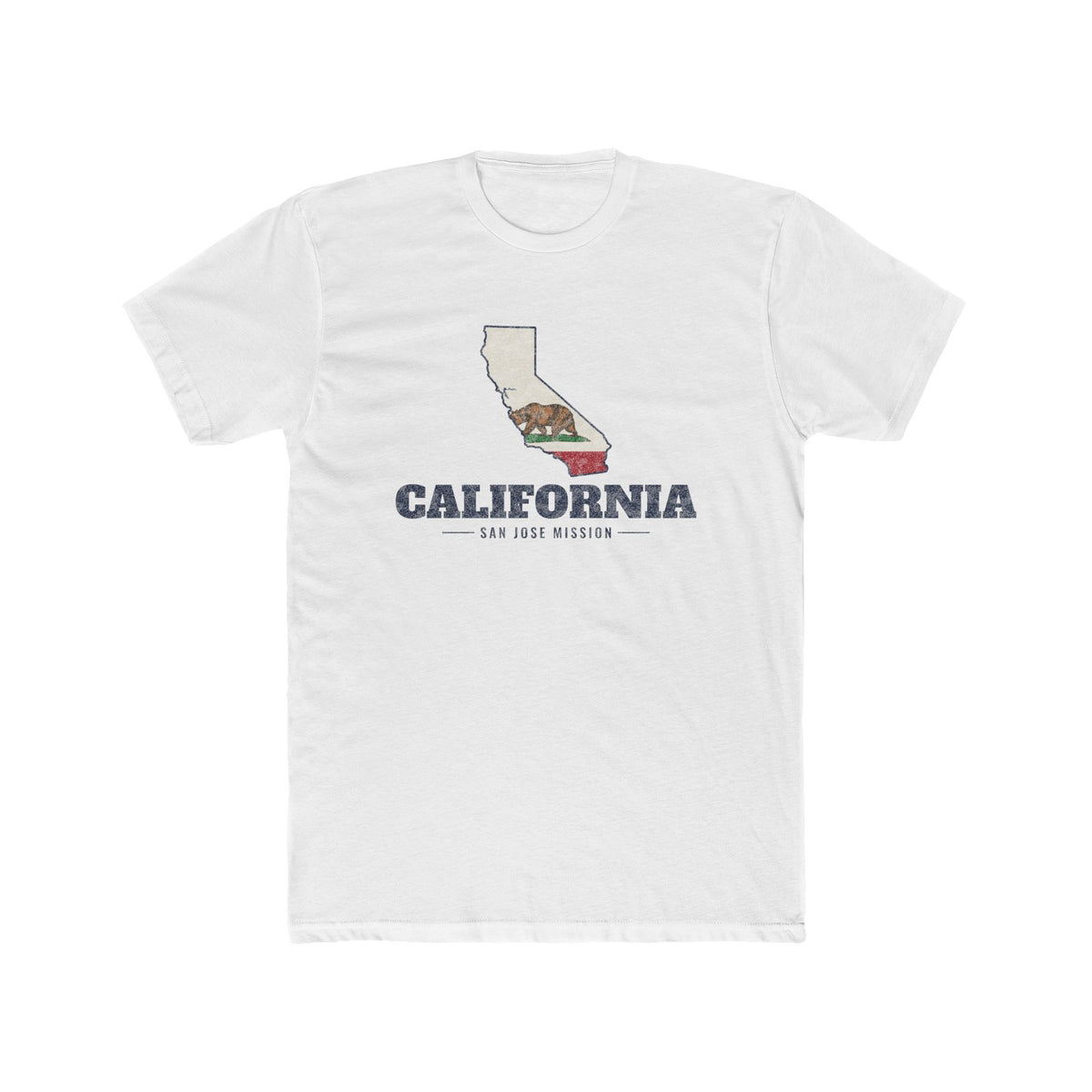 California San Jose Mission Flag Map shirt in White: California state flag in the outline of California with navy lettering, front view