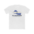 El Salvador San Salvador West Mission Flag Map shirt in White: flag of El Salvador in the outline of El Salvador with navy lettering, front view