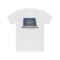 North Dakota Bismarck Mission Flag Map shirt in White: North Dakota state flag in the outline of North Dakota with navy lettering, front view