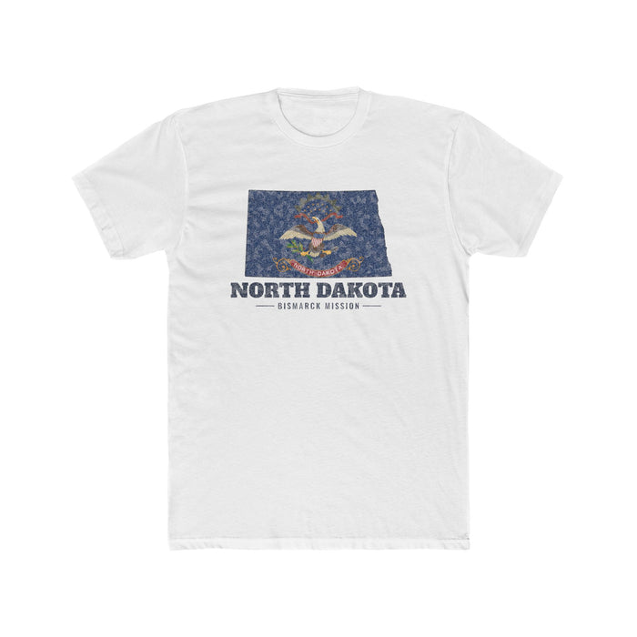 North Dakota Bismarck Mission Flag Map shirt in White: North Dakota state flag in the outline of North Dakota with navy lettering, front view