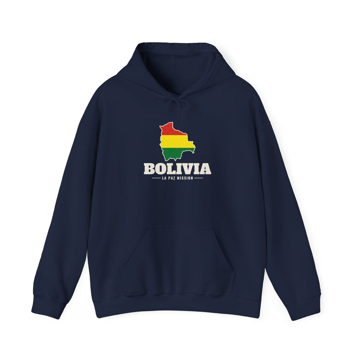 Bolivia La Paz Mission Flag Map Hoodie in Navy, front view with the flag map and mission name