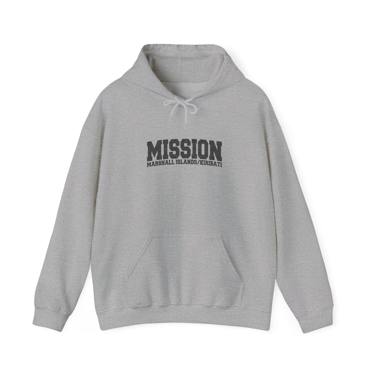 Marshall Islands/Kiribati Mission Hoodie in Sport Grey, front view with the varsity mission design