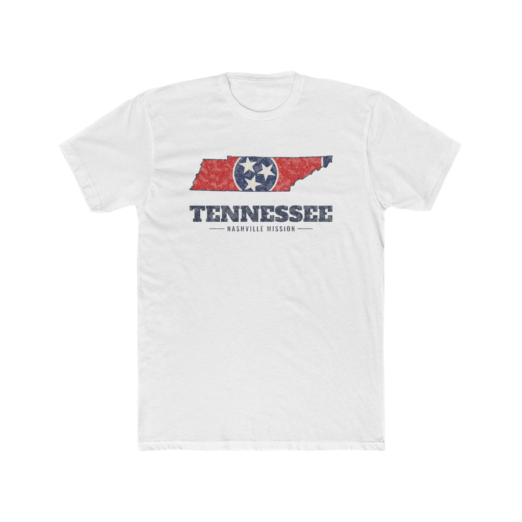Tennessee Nashville Mission Flag Map shirt in White: Tennessee state flag in the outline of Tennessee with navy lettering, front view