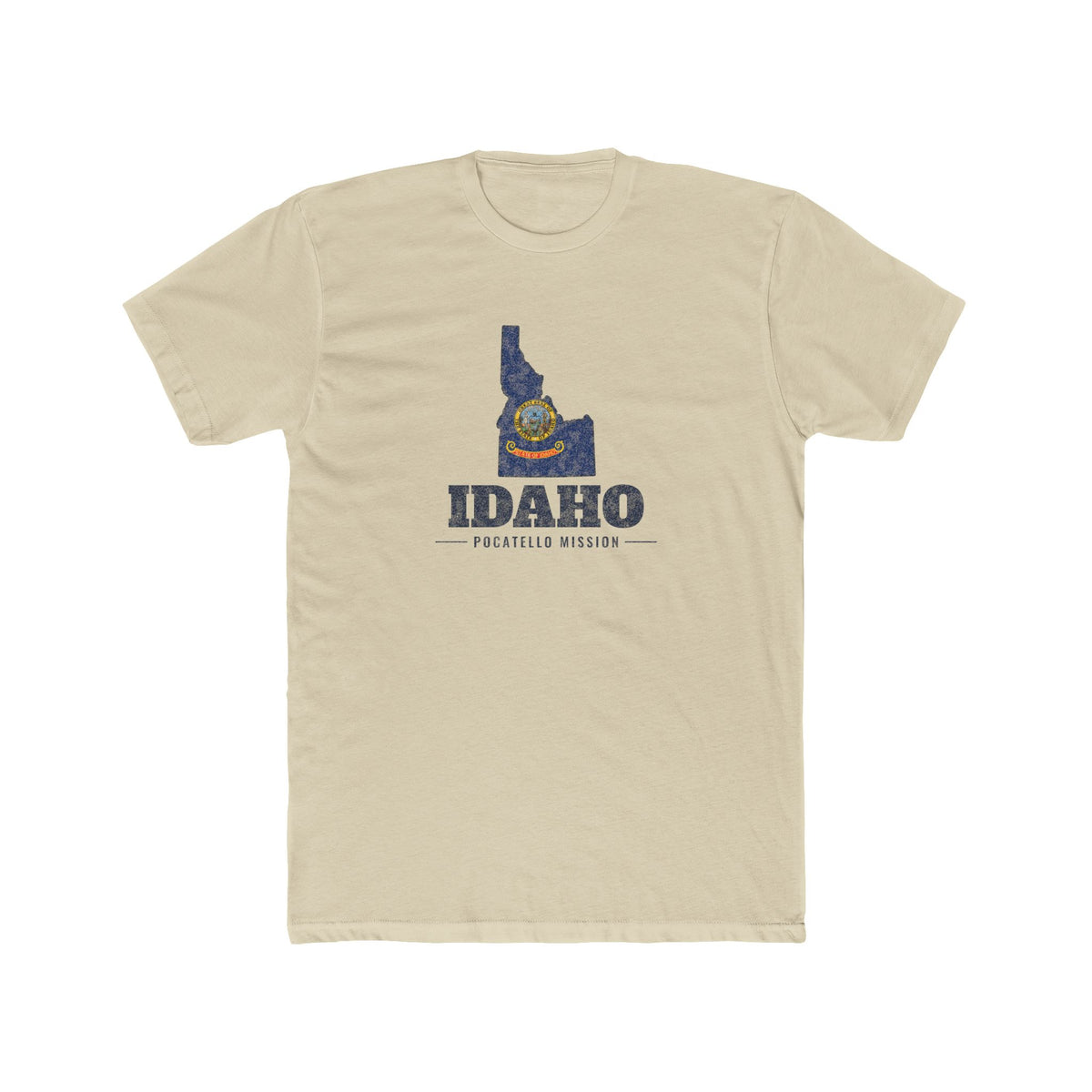 Idaho Pocatello Mission Flag Map shirt in Cream: Idaho state flag in the outline of Idaho with navy lettering, front view