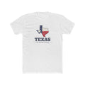 Texas San Antonio Mission Flag Map shirt in White: Texas state flag in the outline of Texas with navy lettering, front view