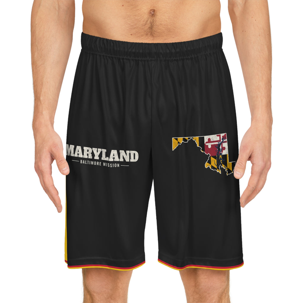 Maryland Baltimore Mission Basketball Shorts, worn, front view