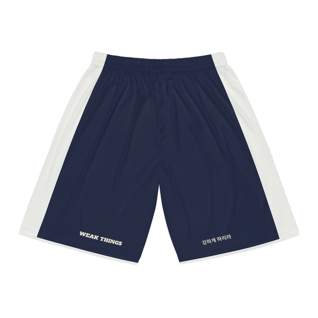 Korea Seoul South Mission Basketball Shorts, back view with WEAK THINGS and BECOME STRONG on the legs