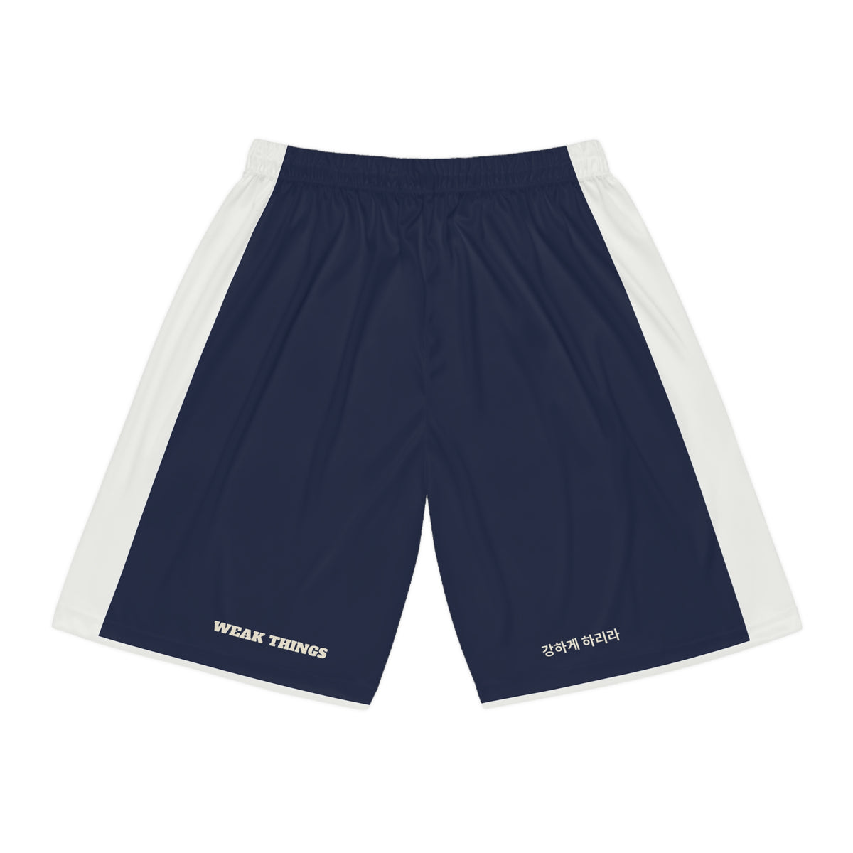 Korea Seoul South Mission Basketball Shorts, back view with WEAK THINGS and BECOME STRONG on the legs