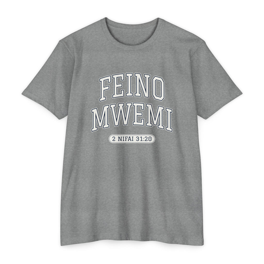 Press Forward shirt in Chuukese on Dark Heather Grey: “FEINO MWEMI”, 2 Nifai 31:20