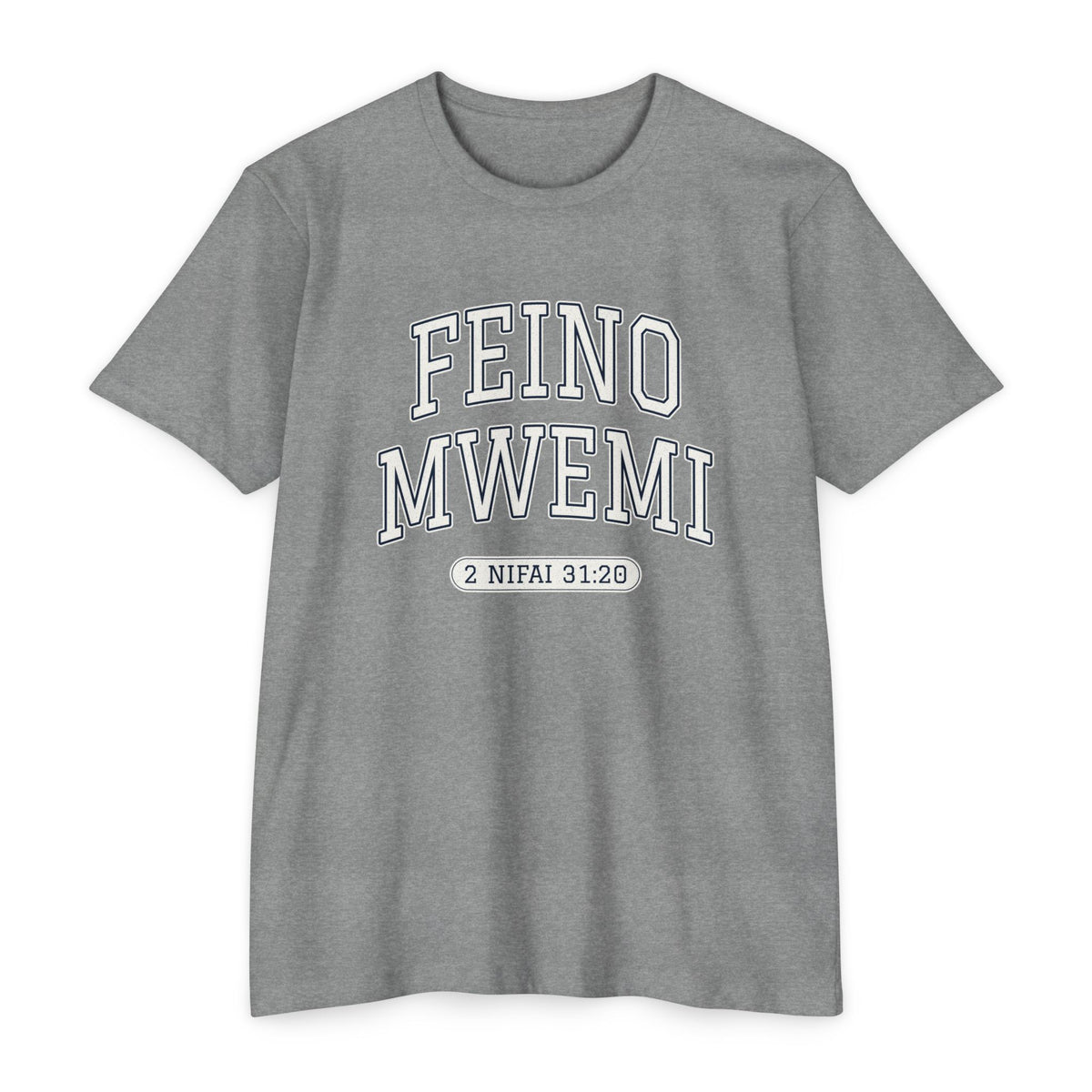 Press Forward shirt in Chuukese on Dark Heather Grey: “FEINO MWEMI”, 2 Nifai 31:20