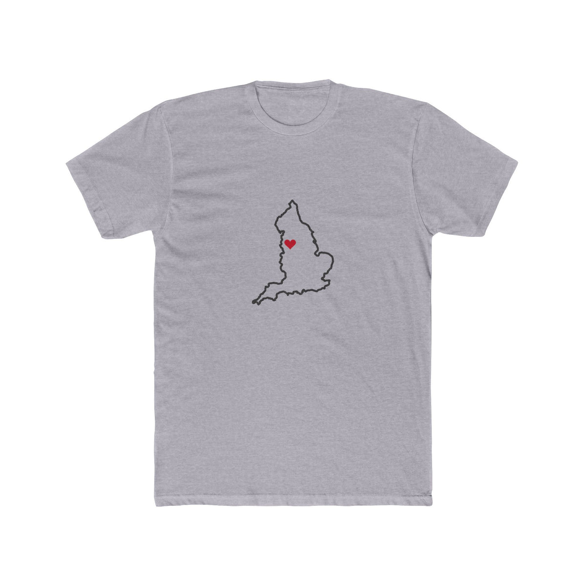 England Manchester Mission Heart Map shirt in Heather Grey: England outline with a red heart, front view