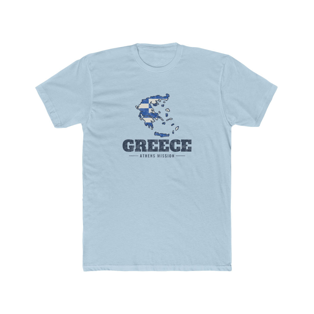Greece Athens Mission Flag Map shirt in Desert Pink: flag of Greece in the outline of Greece with navy lettering, front view