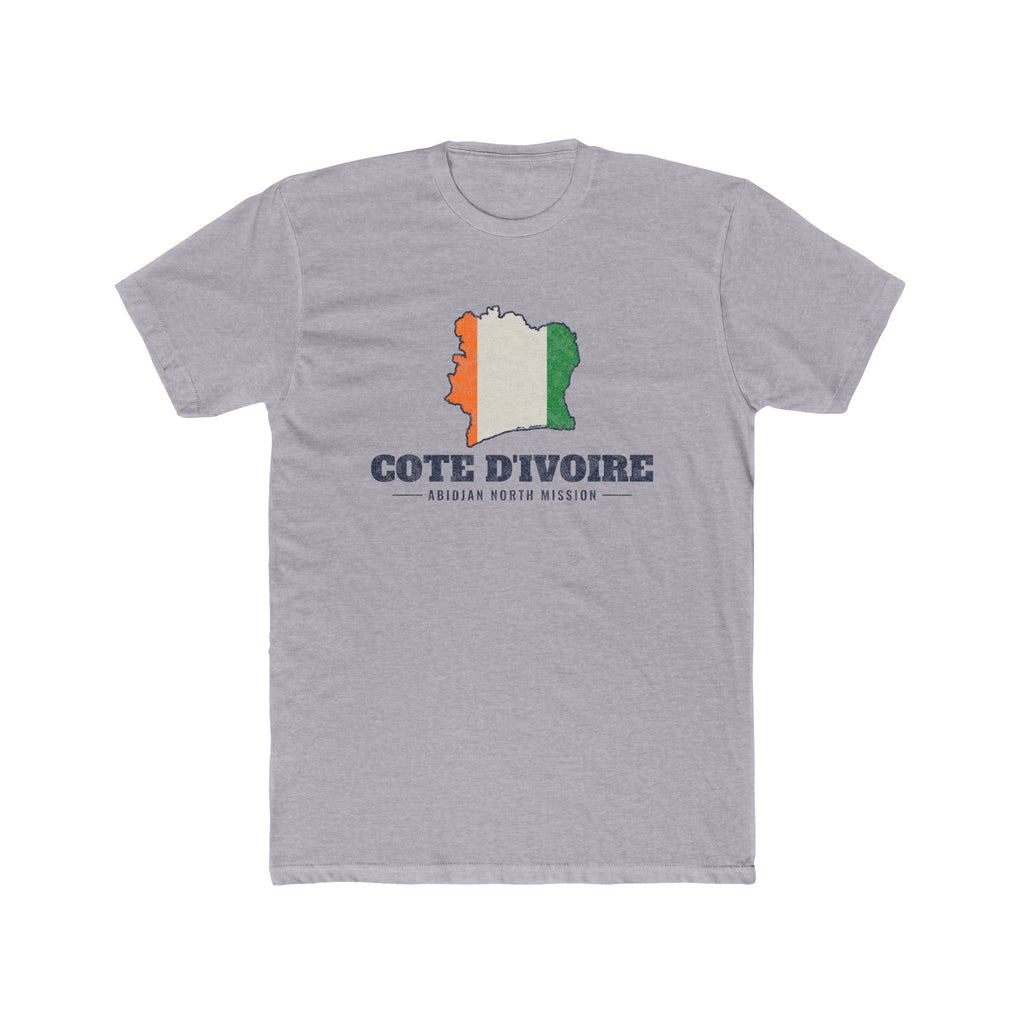 Cote d'Ivoire Abidjan North Mission Flag Map shirt in Heather Grey: flag of Cote d'Ivoire in the outline of Cote d'Ivoire with navy lettering, front view