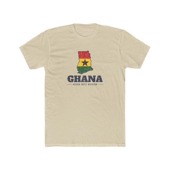 Ghana Accra West Mission Flag Map shirt in Cream: flag of Ghana in the outline of Ghana with navy lettering, front view