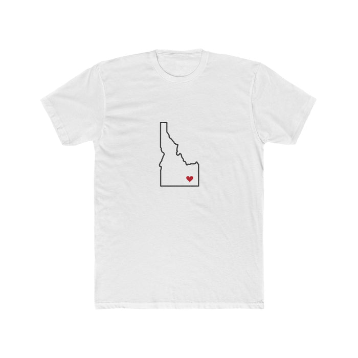 Idaho Pocatello Mission Heart Map shirt in White: Idaho outline with a red heart, front view