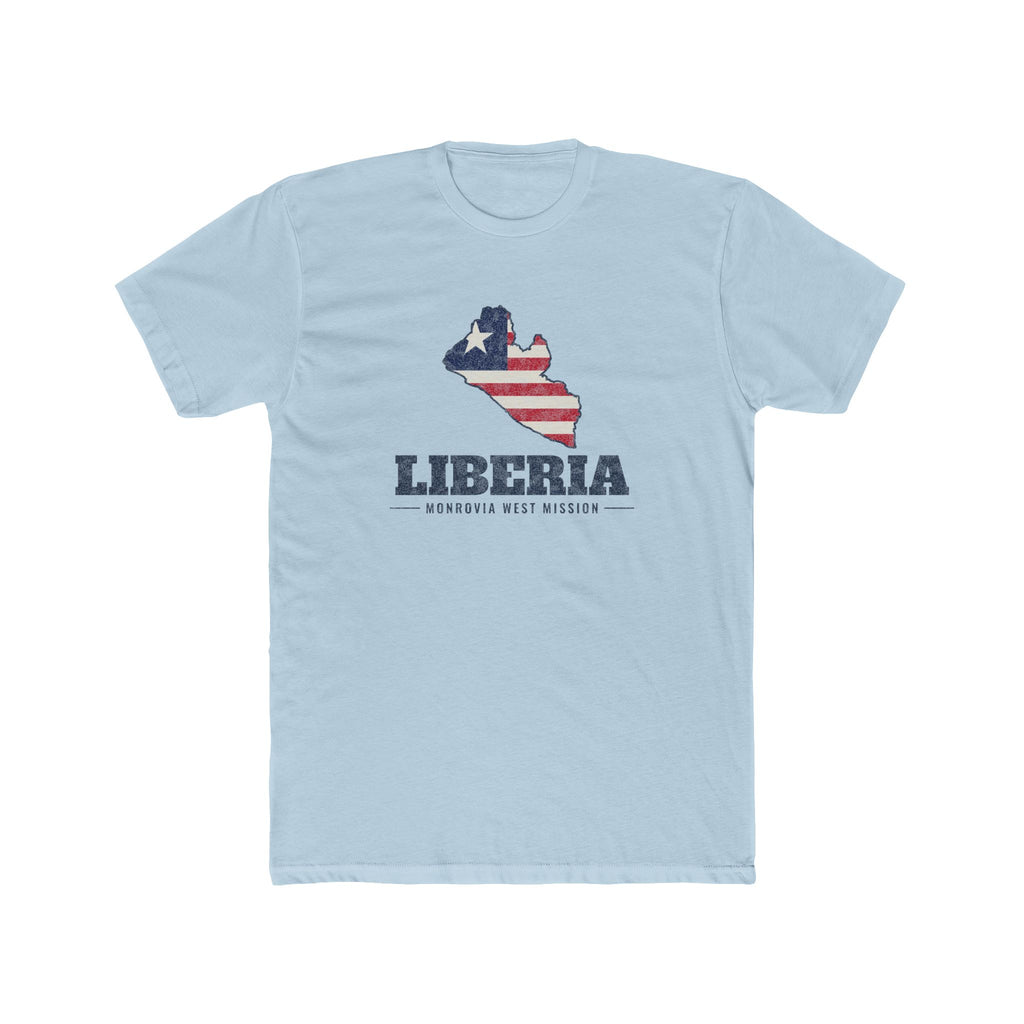 Liberia Monrovia West Mission Flag Map shirt in Desert Pink: flag of Liberia in the outline of Liberia with navy lettering, front view