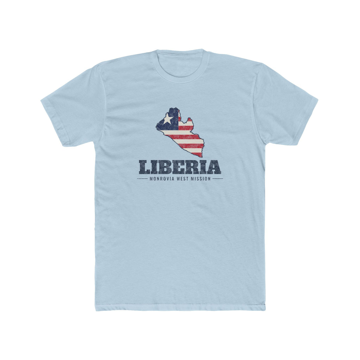 Liberia Monrovia West Mission Flag Map shirt in Desert Pink: flag of Liberia in the outline of Liberia with navy lettering, front view